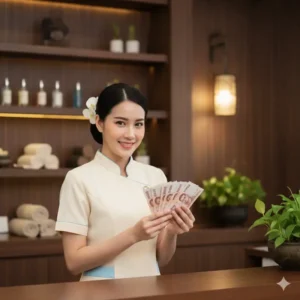 สาวไทย วัย20 น่ารักใส่ ยูนิฟอร์มร้านนวดสปา ยืนนับเงินไทย